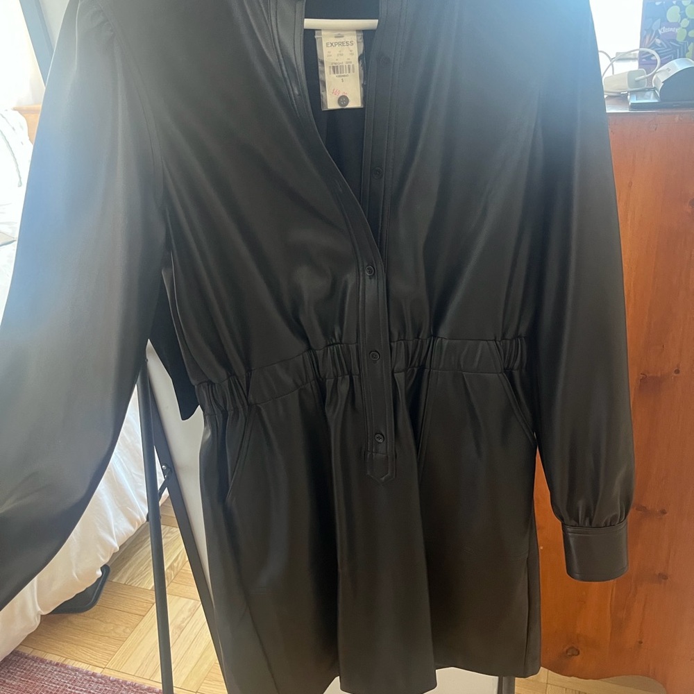 Express Black Button-Up Faux Leather Dress